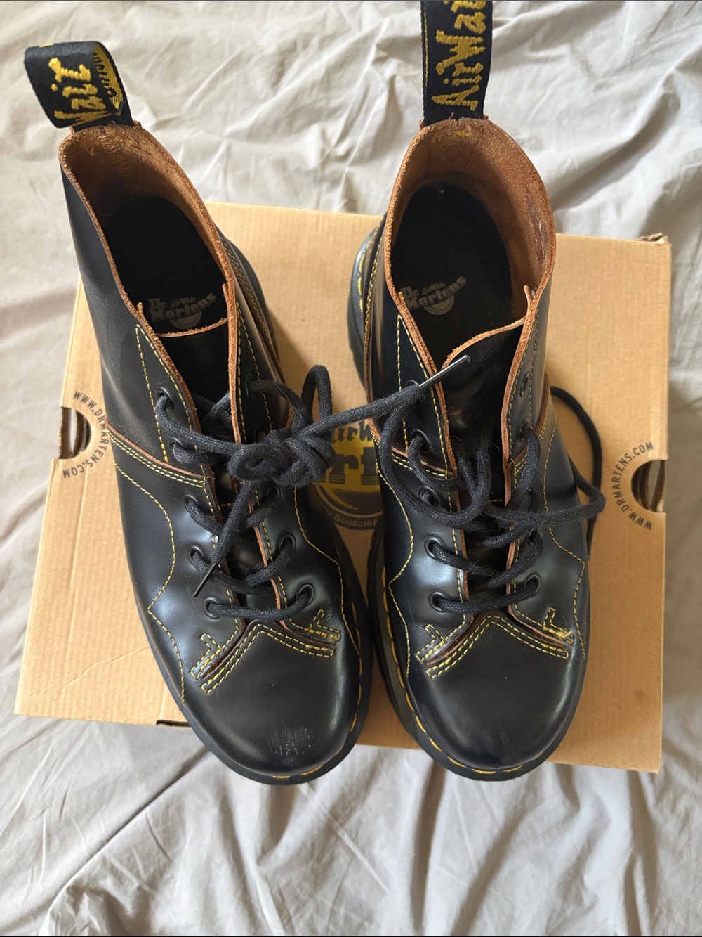 Dr. Martens Black Leather Lace-Up Ankle Boots with Yellow Stitching